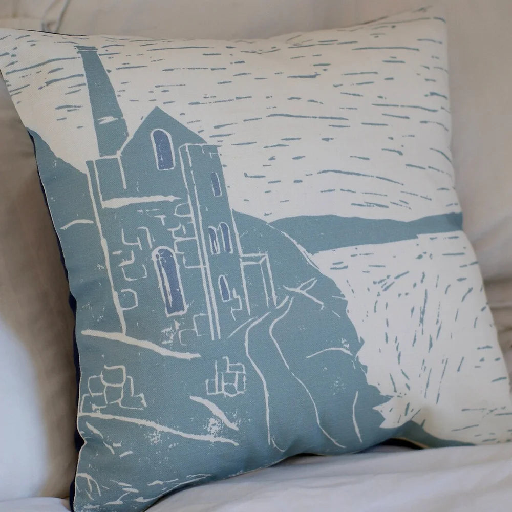 Cornish Tin Mine Lino Print Cushion Cover