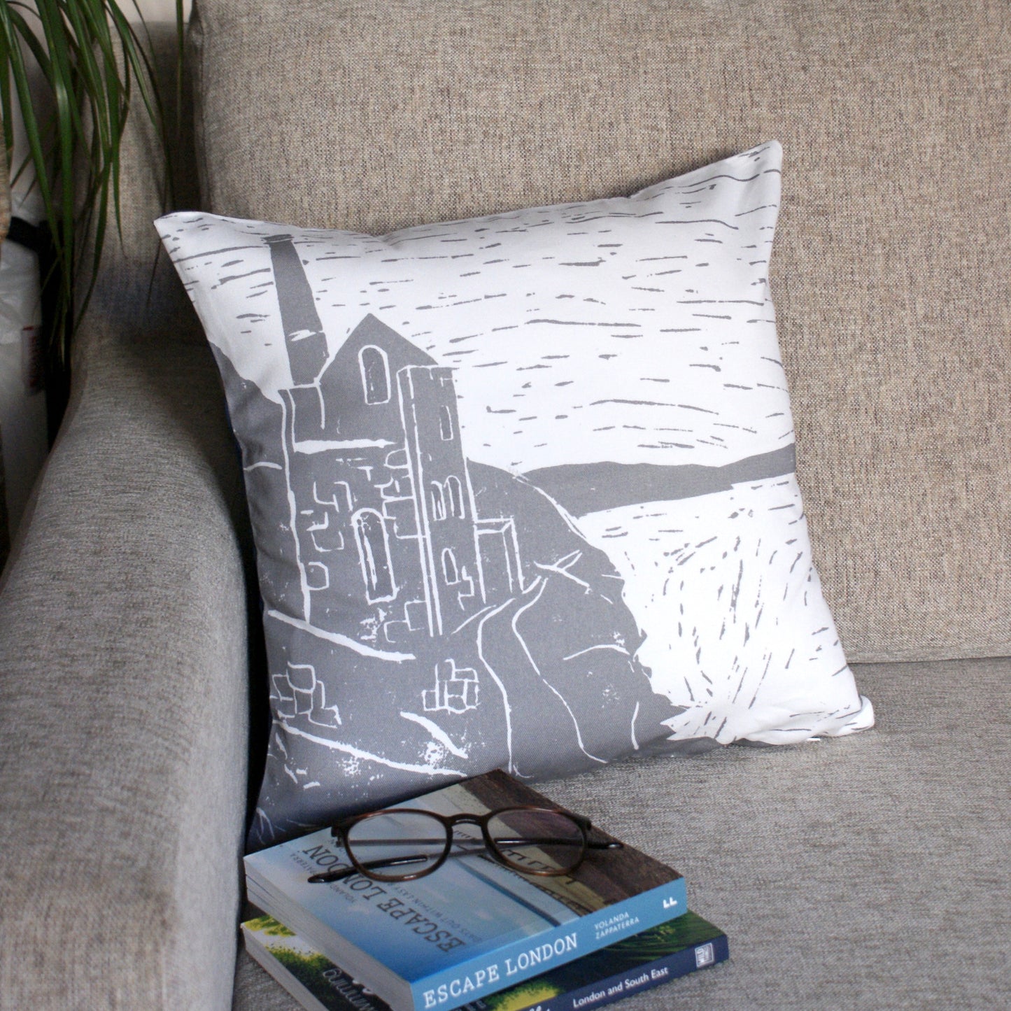 Cornish Tin Mine Lino Print Cushion Cover