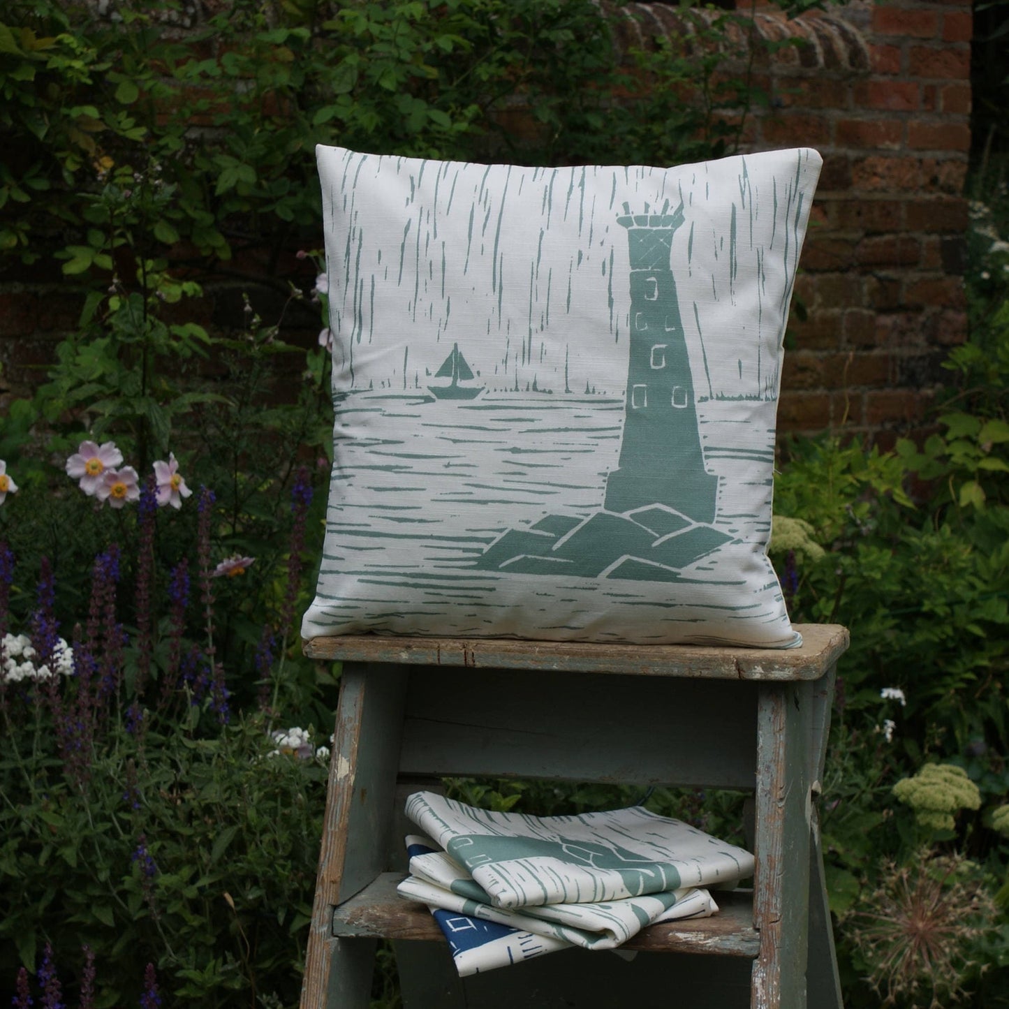 Bishop Rock Lighthouse Lino Print Cushion