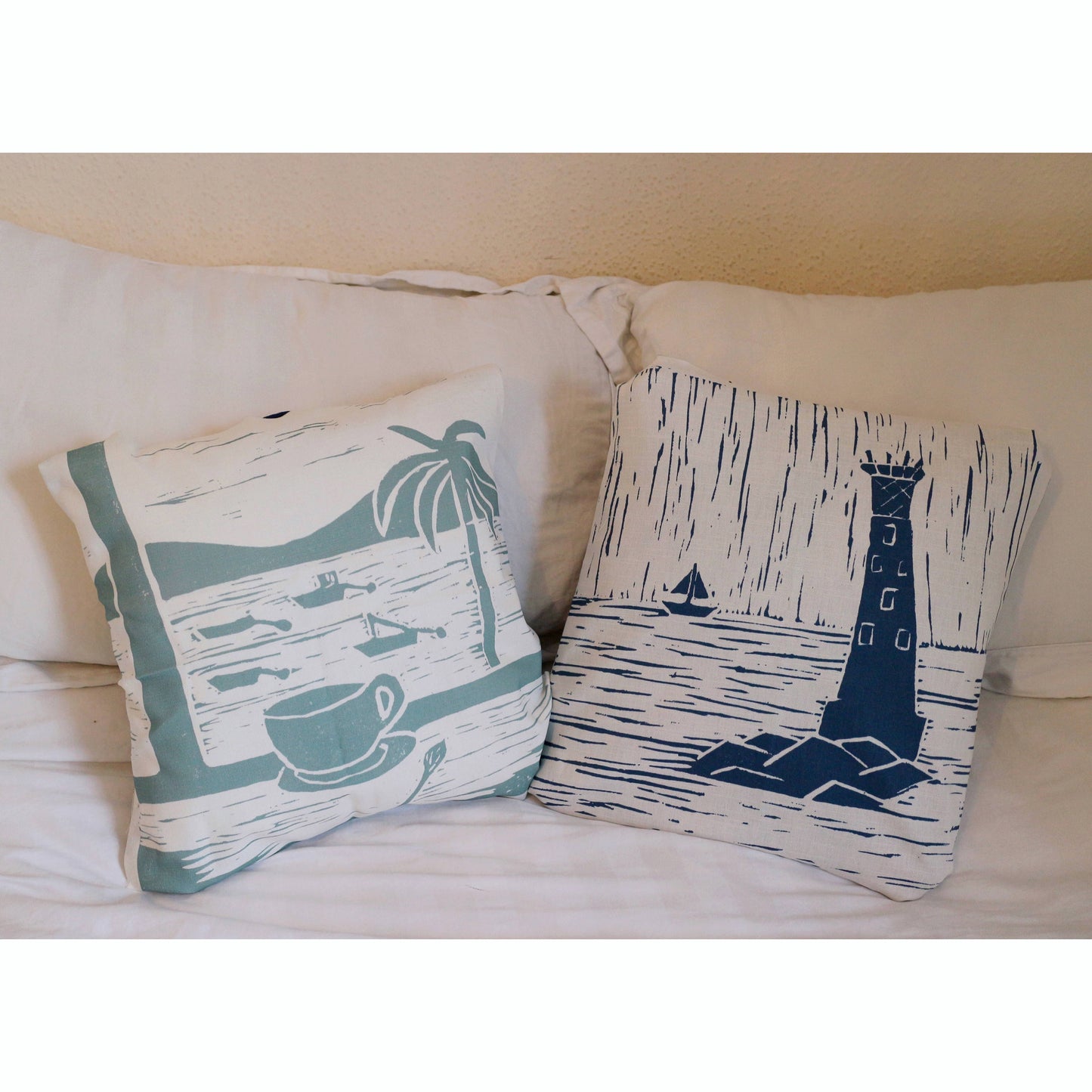 Bishop Rock Lighthouse Lino Print Cushion