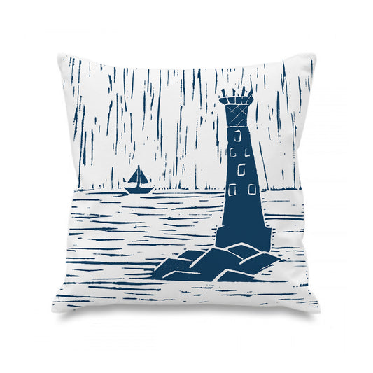 Bishop Rock Lighthouse Lino Print Cushion