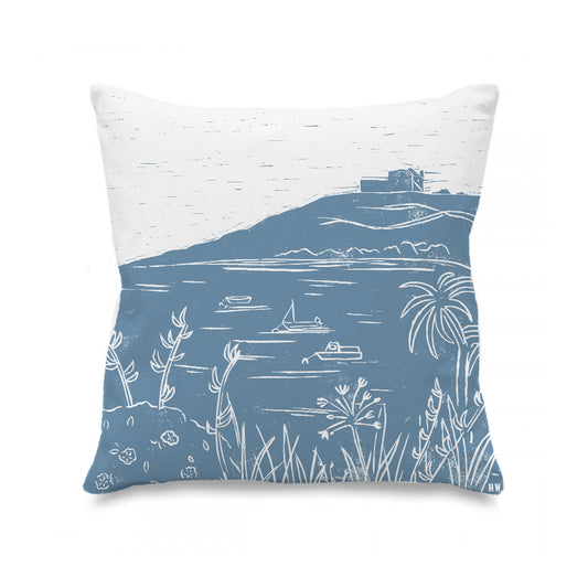 A Lino Print Cushion Cover showing Blockhouse Castle Scene on Tresco, Isles of Scilly
