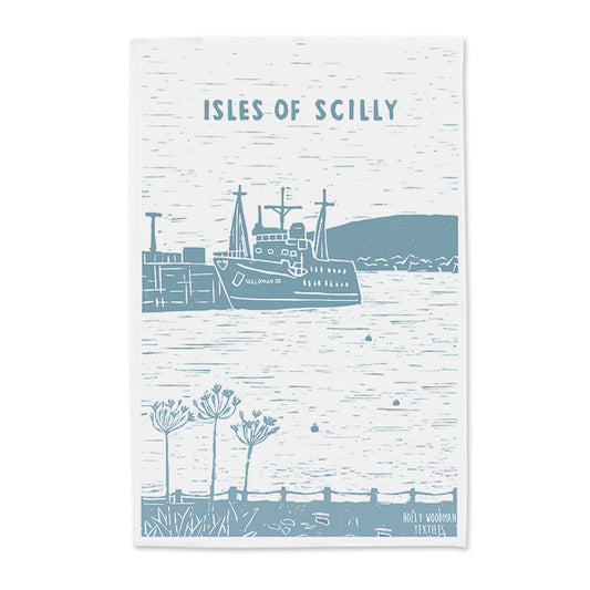 Lino Printed tea towel showing the Scillonian ferry docked at Isles of Scilly